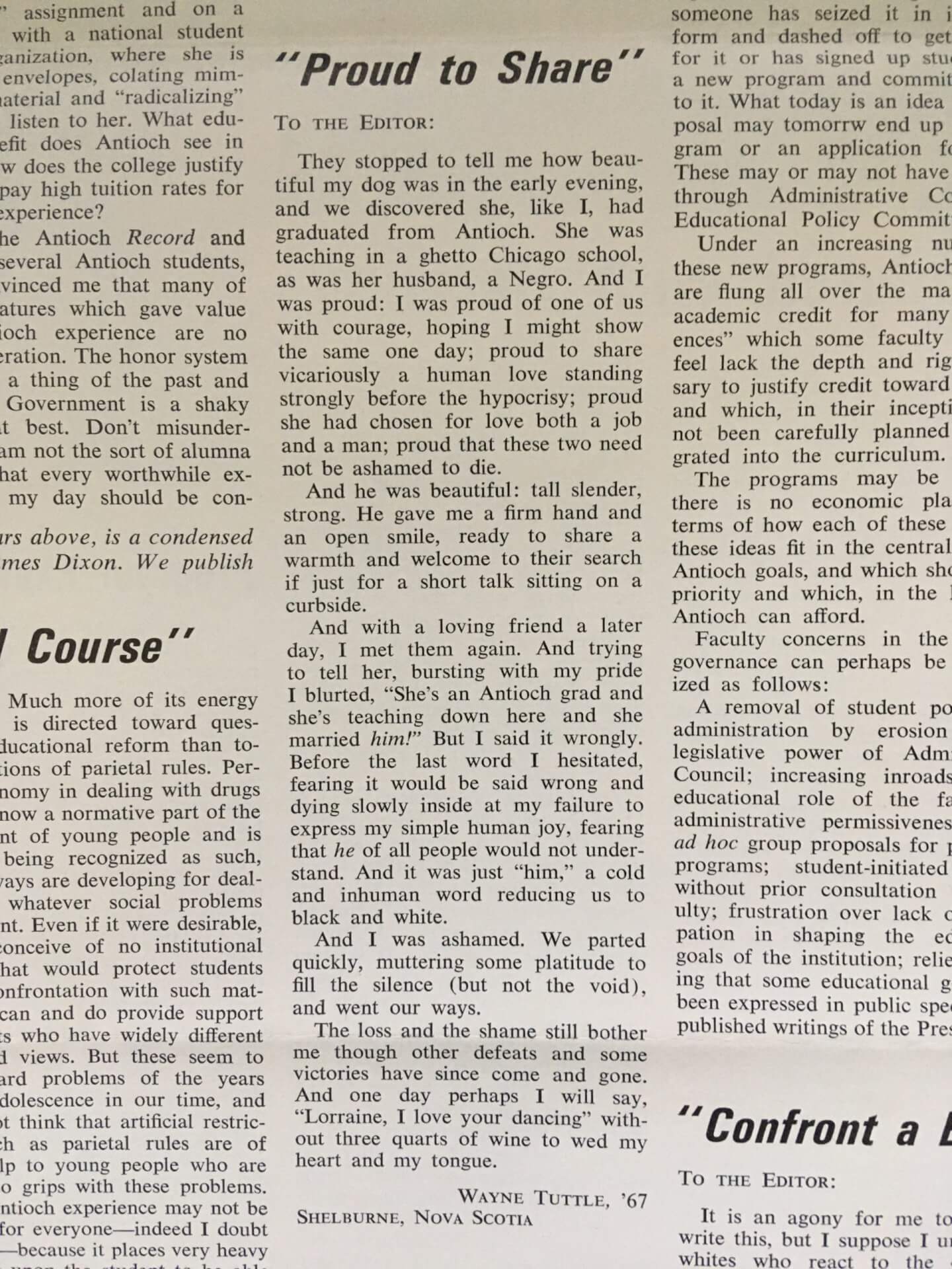 Letter to the Editor by Wayne Tuttle '67 in May 1968 issue of The Antiochian.