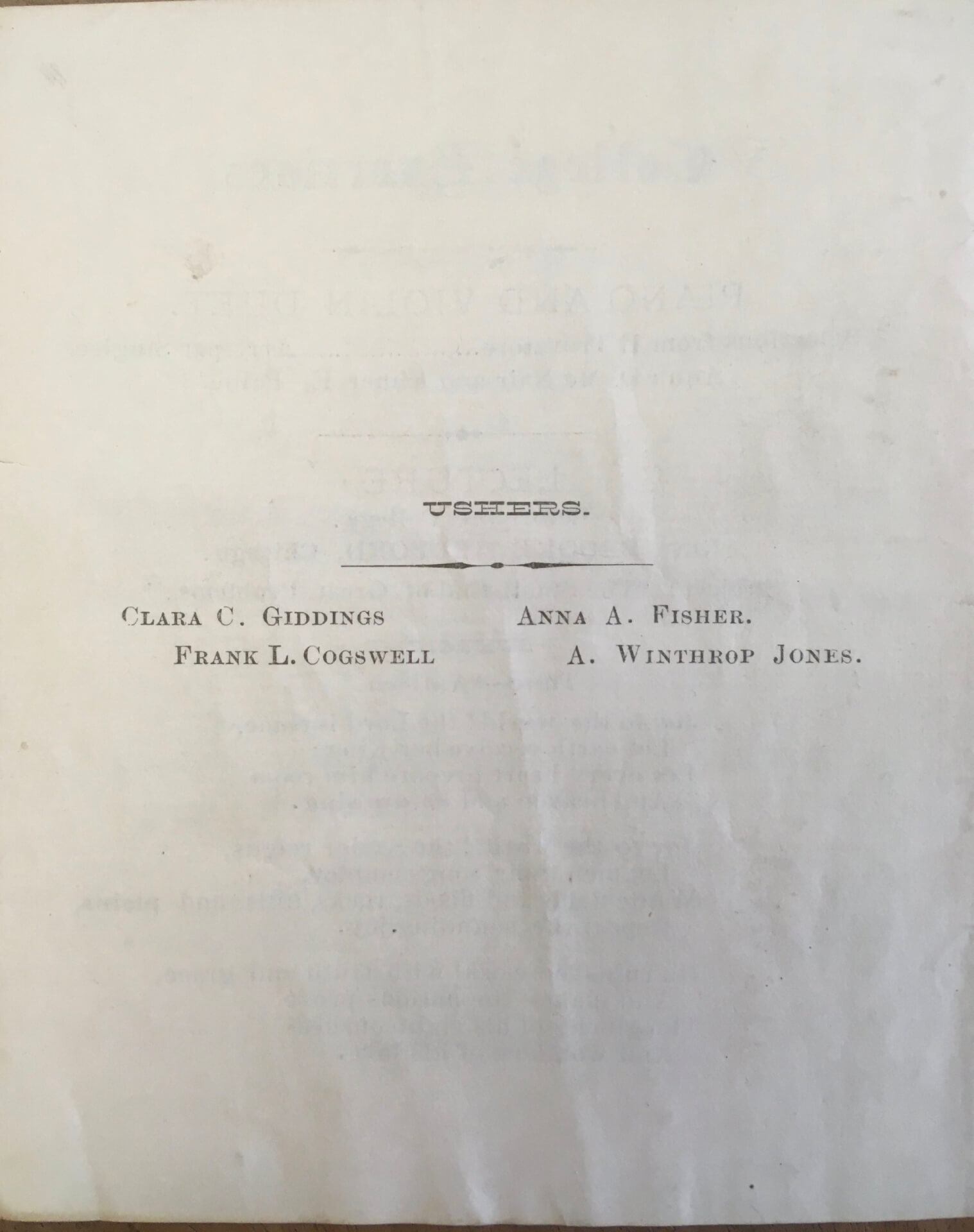Commencement program from 1880 back cover listing ushers