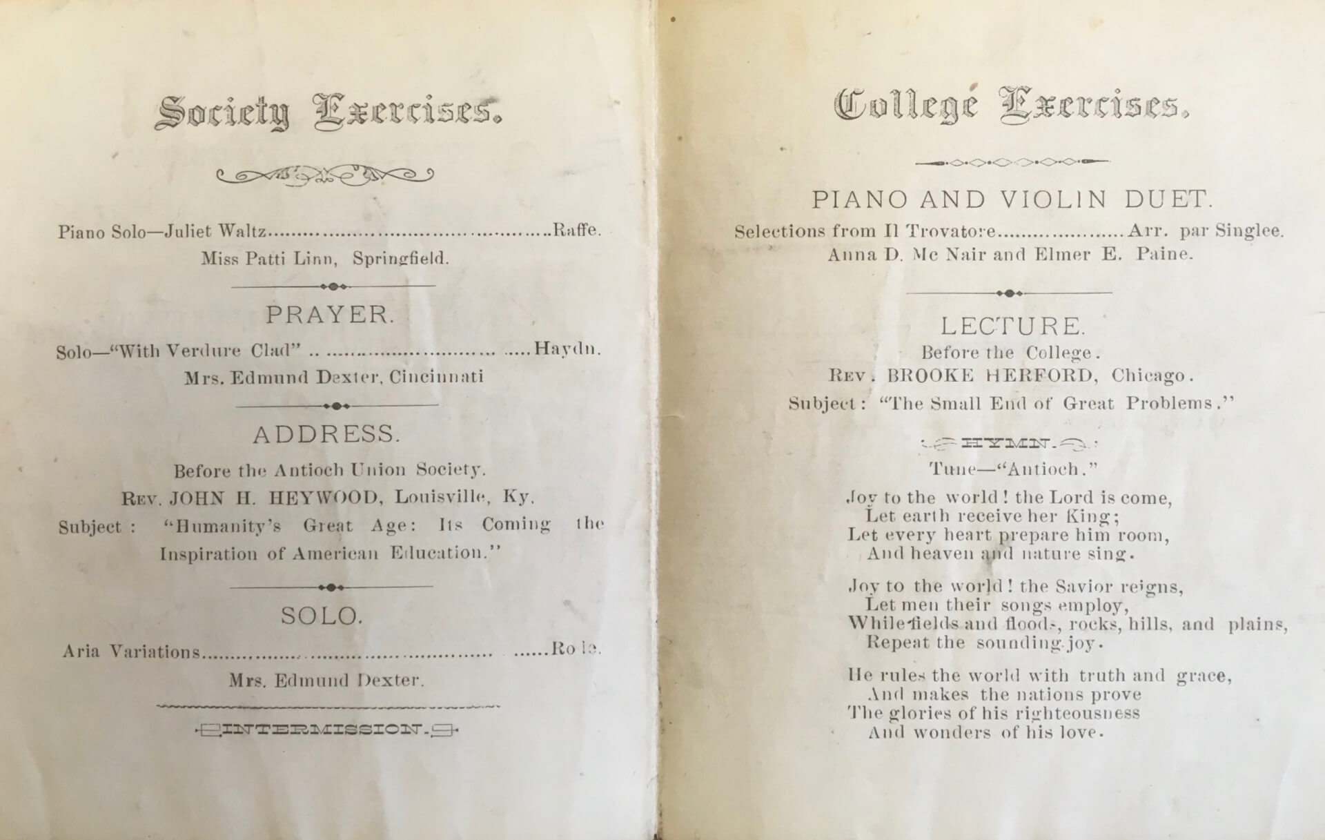 Commencement program from 1880 inside including society exercises and college exercises