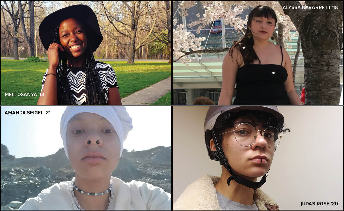 Headshots of four students, Meli Osanya ’18, Alyssa Navarrette ’18, Amanda Seigel ’21, and judas Rose ’20