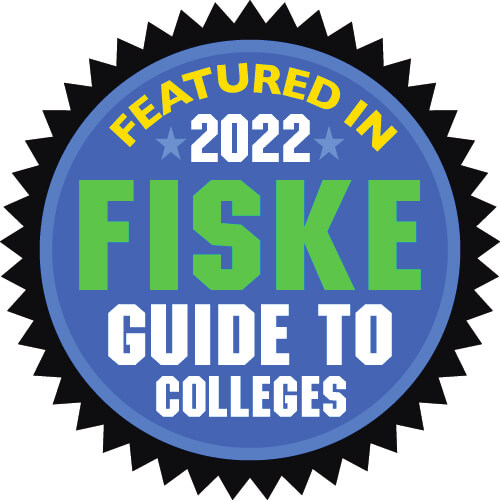 Seal that reads "featured in 2022 Fiske Guide to Colleges"