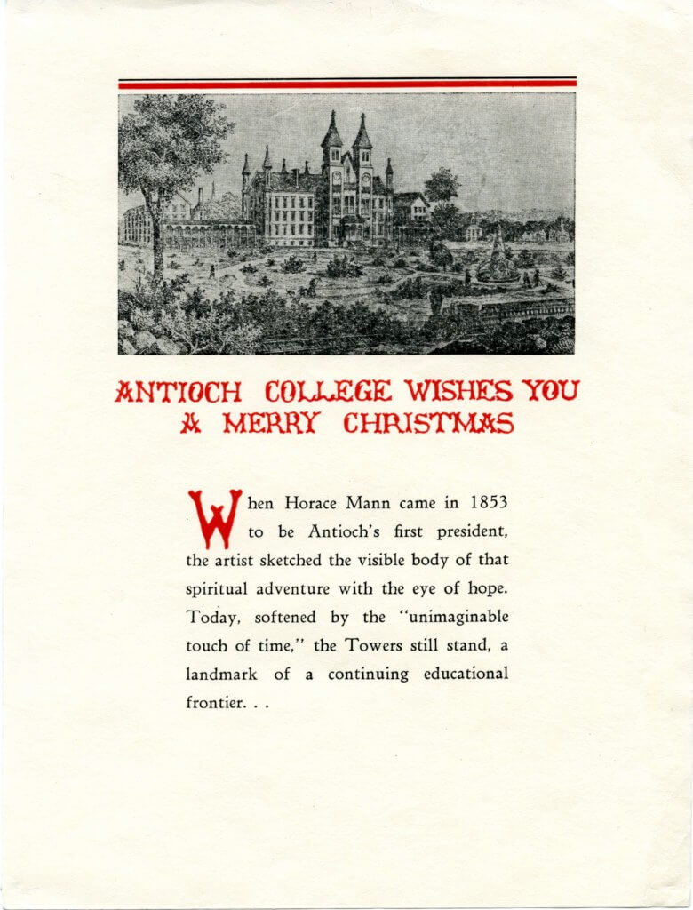 Antioch College holiday greeting card featuring one of the first views of the campus anyone ever saw, c1854.