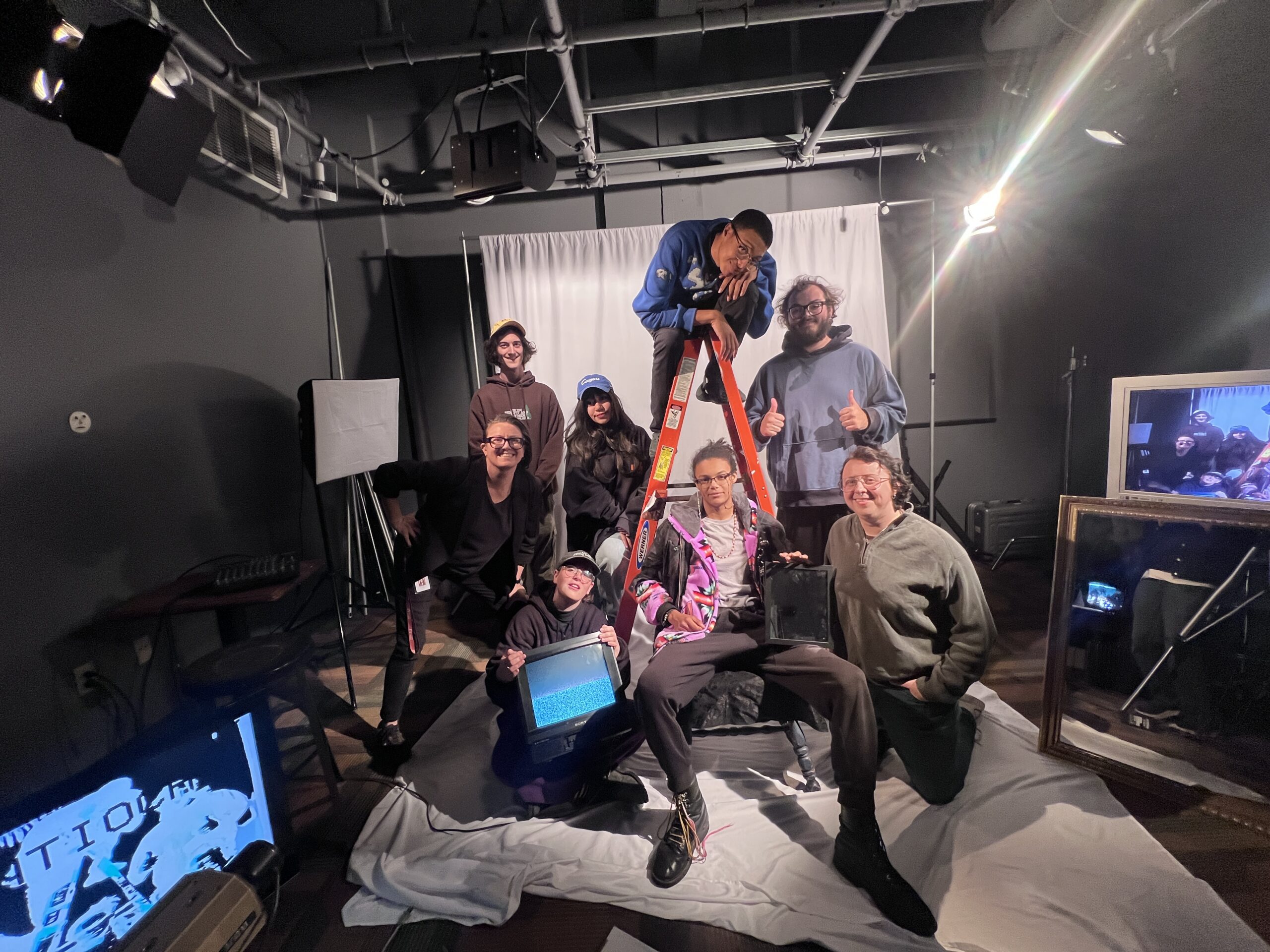 Students in the custom-built analog experimental video laboratory for the Special Topics in Experimental Media Class with professor Anna Lavatelli.